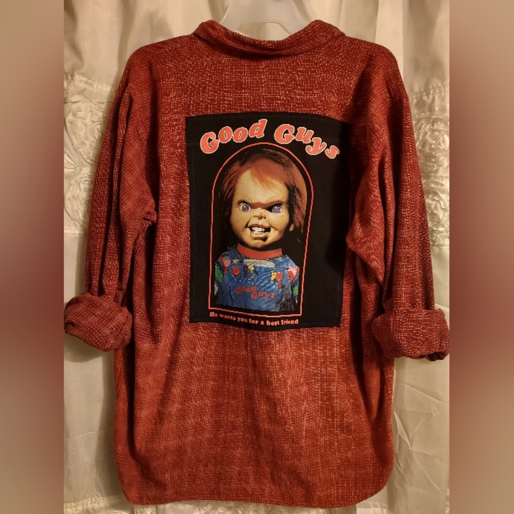 GOOD GUYS CHUCKY GRAPHIC UPCYCLED DISTRESSED HORROR FLANNEL SZ 2X